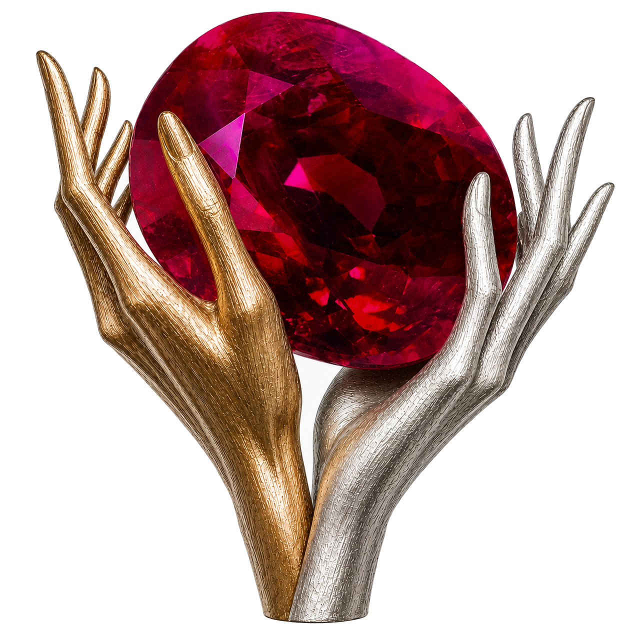 Sculptural ruby artwork held by a gold and silver hand