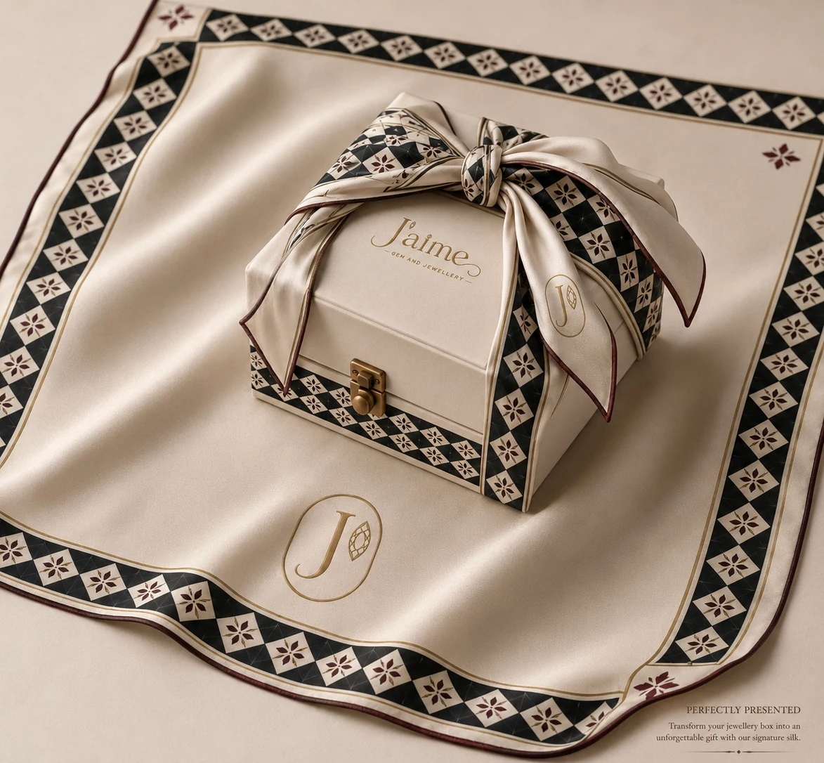 J’aime jewellery box wrapped in a patterned silk scarf